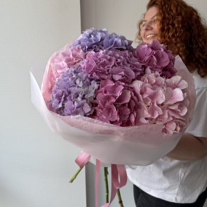                                                                                                  Букет из фиолетовых и розовых гортензий 